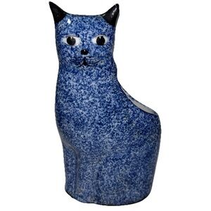 Vintage Enesco Ceramic Blue Speckle Sponge Wear Cat Figurine 9”